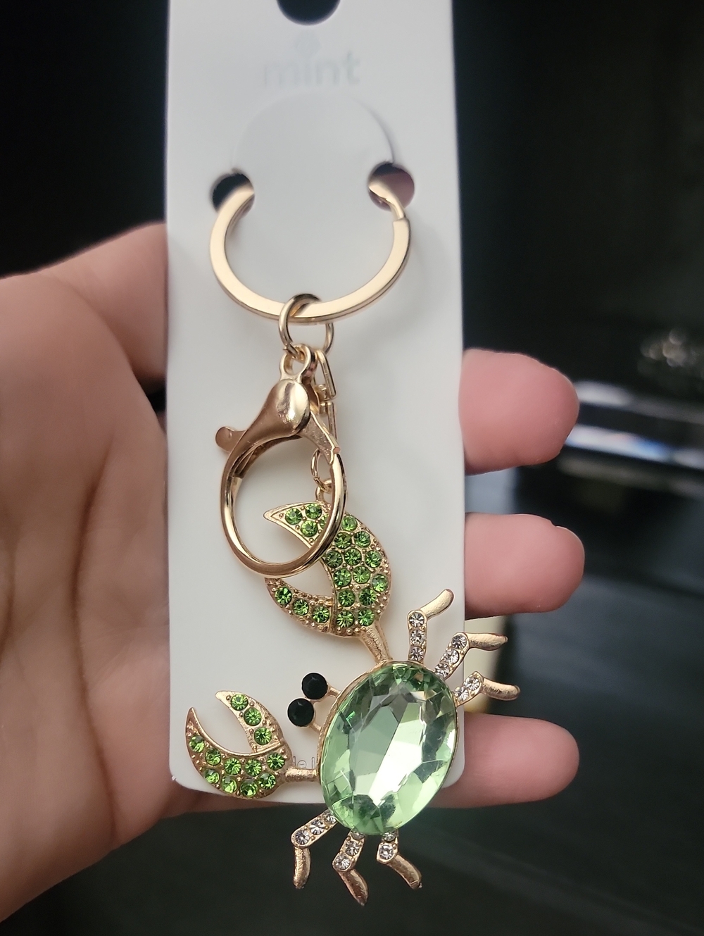 Gold-Tone Crab Keychain with Green Crystals